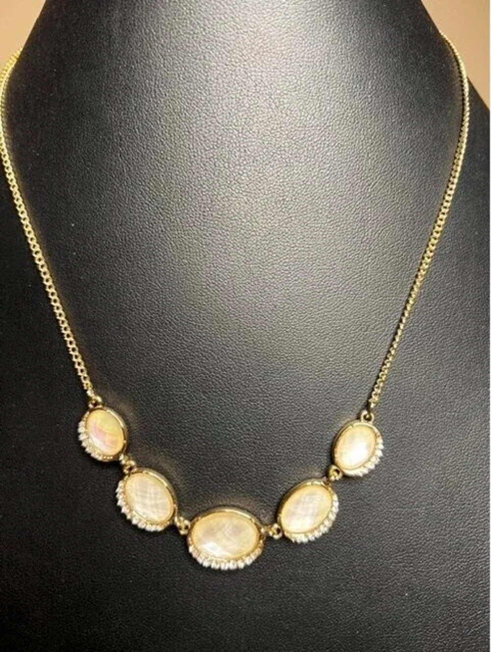 B6578 Anne Klein Mother of Pearl Rhinestone Gold Tone Station Necklace 16-18